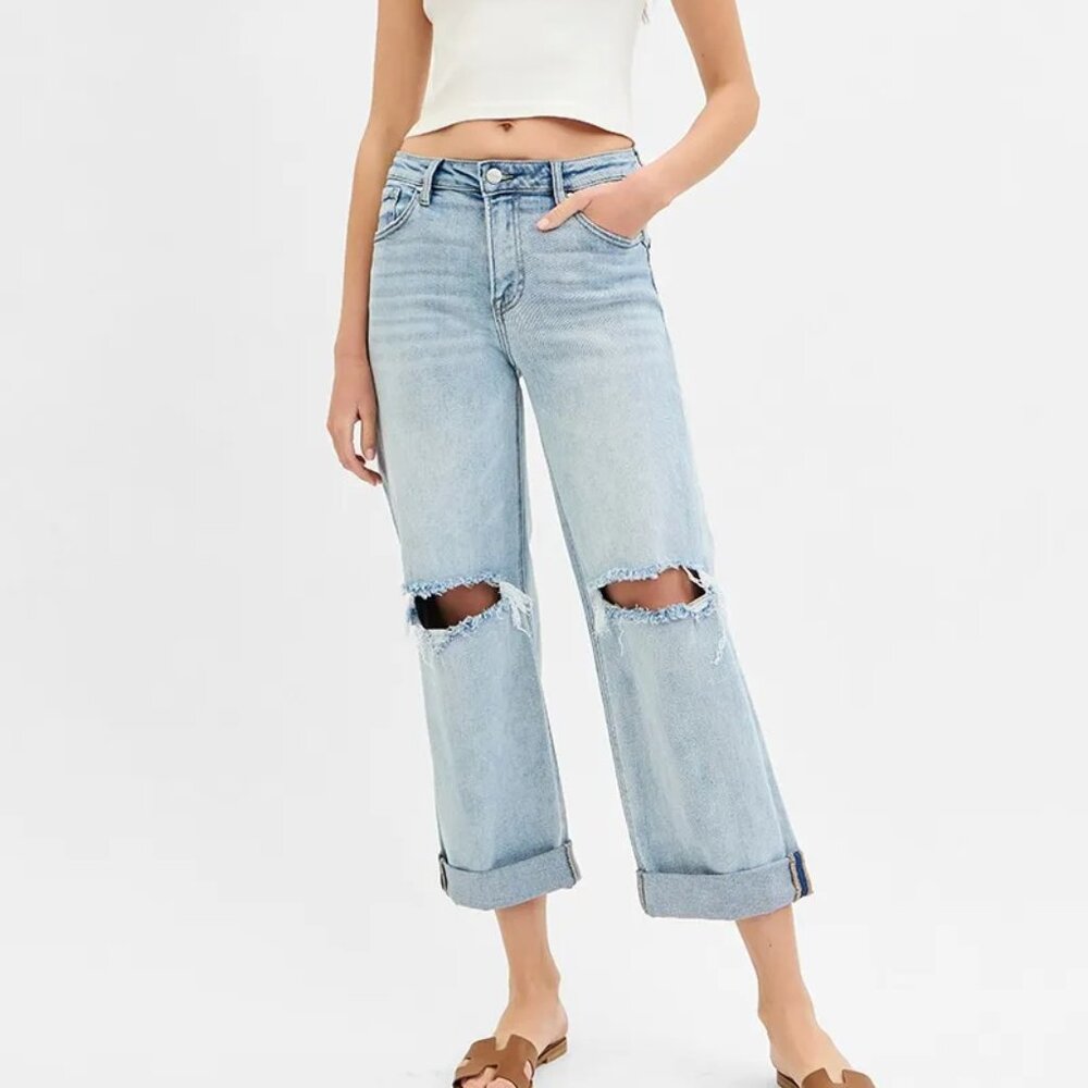 RISEN Full Size Mid Rise‎ Fit Boyfriend Jeans with Cuff Plus Size